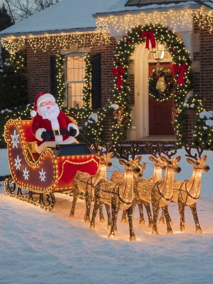Santa's sleigh and glowing reindeer decoration in snow, in front of a festive house with holiday lights and wreaths.