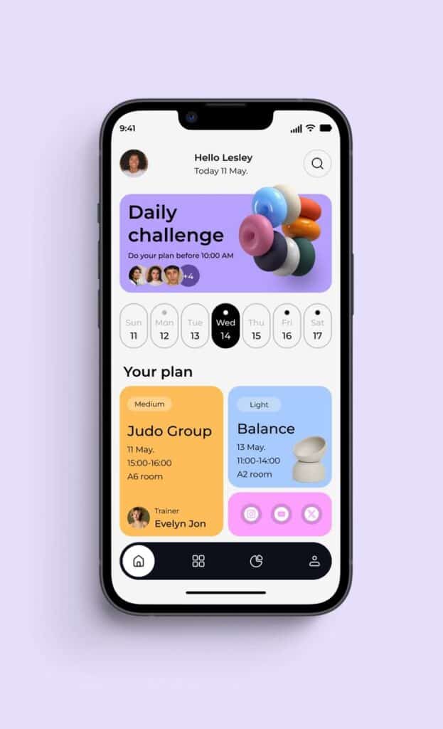 f63a4be96521a24679414fcd82ddfee0 1 Mobile app interface showing daily challenge, schedule, and activities like Judo Group and Balance sessions on a sleek smartphone display. | Sky Rye Design Mobile app interface showing daily challenge, schedule, and activities like Judo Group and Balance sessions on a sleek smartphone display.