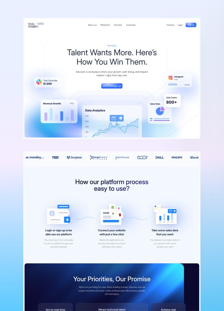 Website homepage showcasing talent management platform with data analytics, user growth stats, and easy integration features.