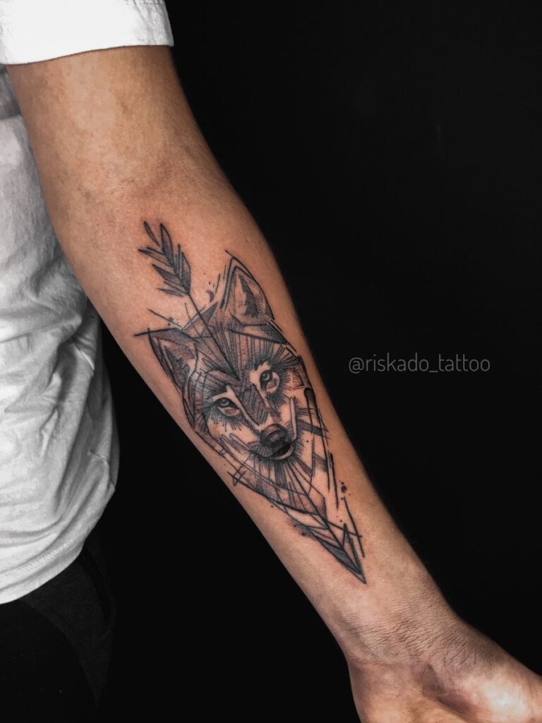 f7d7c8e000f0e4280c9639f69f4db6fd Geometric wolf tattoo on forearm, featuring lines and shapes on a dark background for bold artistic effect. | Sky Rye Design Geometric wolf tattoo on forearm, featuring lines and shapes on a dark background for bold artistic effect. tattoo