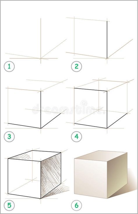 Step-by-step guide to drawing a cube: lines, outline, shading, and final 3D cube illustration for art and design beginners.