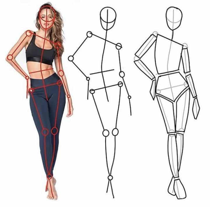 f9dcd2c12e3d15aaef25b64ffeb56b93 Art style comparison showing a woman standing in activewear alongside simplified figure line sketches for drawing reference. | Sky Rye Design Art style comparison showing a woman standing in activewear alongside simplified figure line sketches for drawing reference.