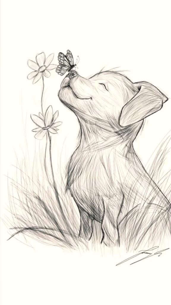 Sketch of a joyful puppy with a butterfly on its nose near flowers, capturing a serene, playful moment in nature.