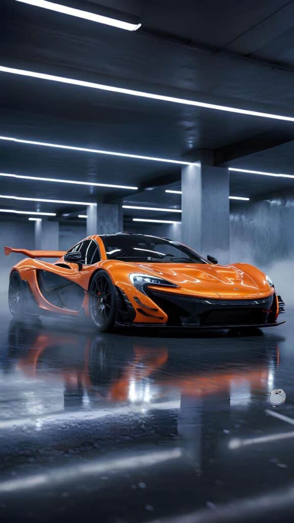 fe740af7f56efdb9823aff22e7a3b6f0 Sleek orange sports car in a dimly lit garage with reflective wet floor, highlighting speed and luxury design. | Sky Rye Design Sleek orange sports car in a dimly lit garage with reflective wet floor, highlighting speed and luxury design.