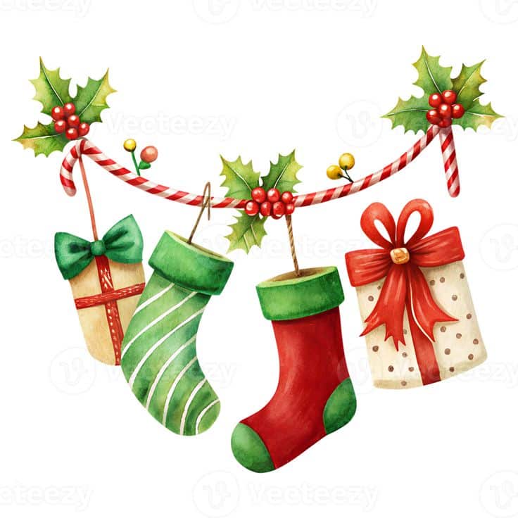 Festive Christmas stockings and gifts with holly on a decorative garland, perfect for holiday celebrations.