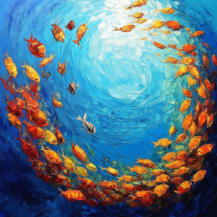 Vibrant school of orange and yellow fish swimming in a spiral pattern in a blue ocean; colorful underwater scene.