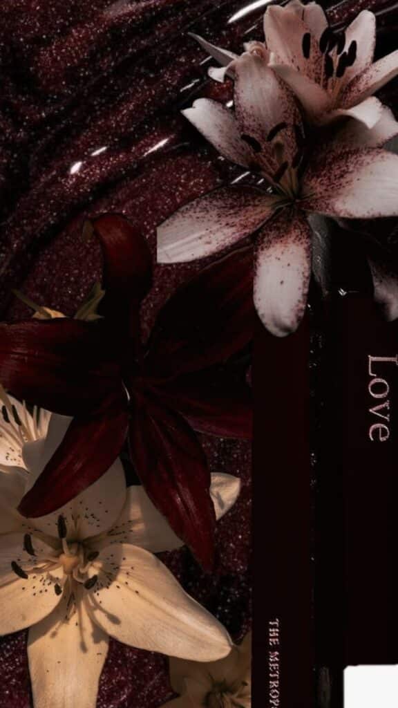 gbsF Dark floral arrangement with lilies on textured burgundy background. Text on side reads Love. Elegant and moody aesthetic. | Sky Rye Design Dark floral arrangement with lilies on textured burgundy background. Text on side reads Love. Elegant and moody aesthetic.