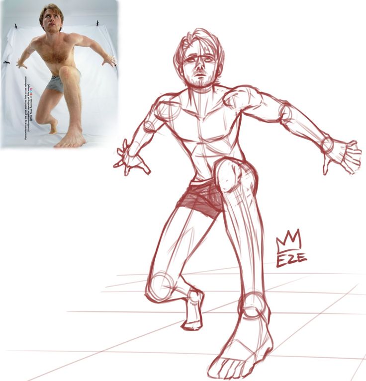 Man crouching in dynamic pose next to corresponding sketch. Ideal for anatomy drawing references and artistic study.
