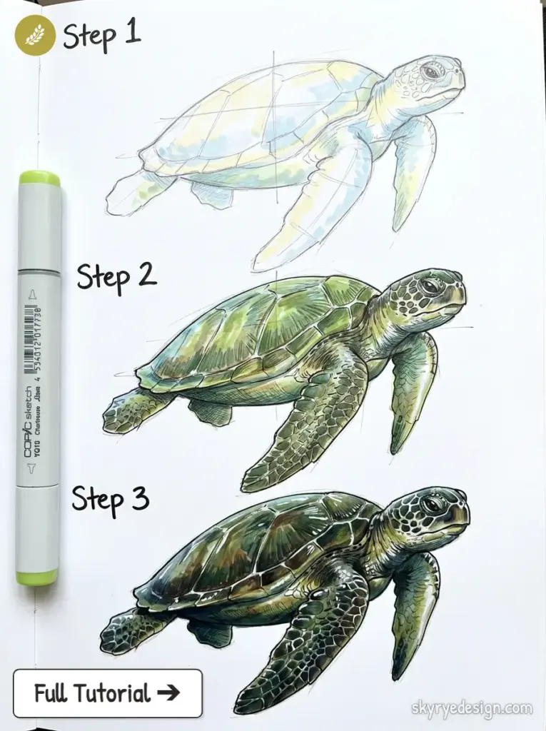 Sea turtle drawing tutorial: three steps from sketch to realistic colored illustration, Copic marker visible