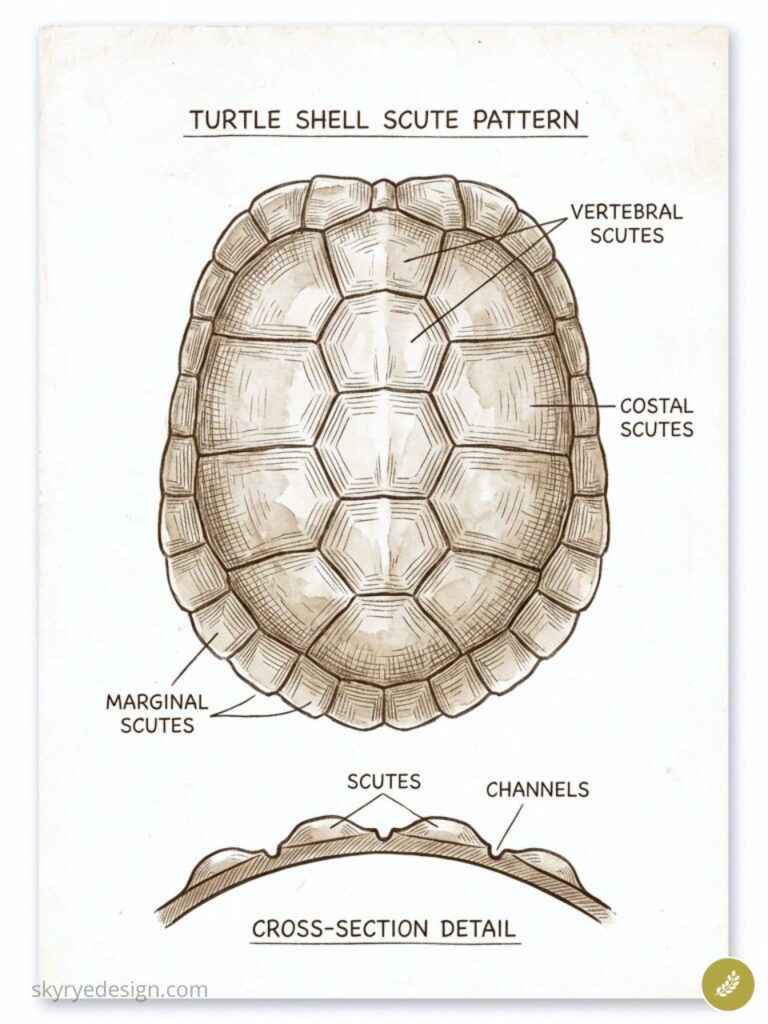 Turtle shell anatomy diagram showing labeled scute pattern: vertebral, costal and marginal scutes with cross-section detail