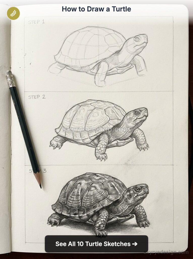 How to draw a turtle: three-step pencil tutorial in a sketchbook showing progressive realistic turtle sketches.
