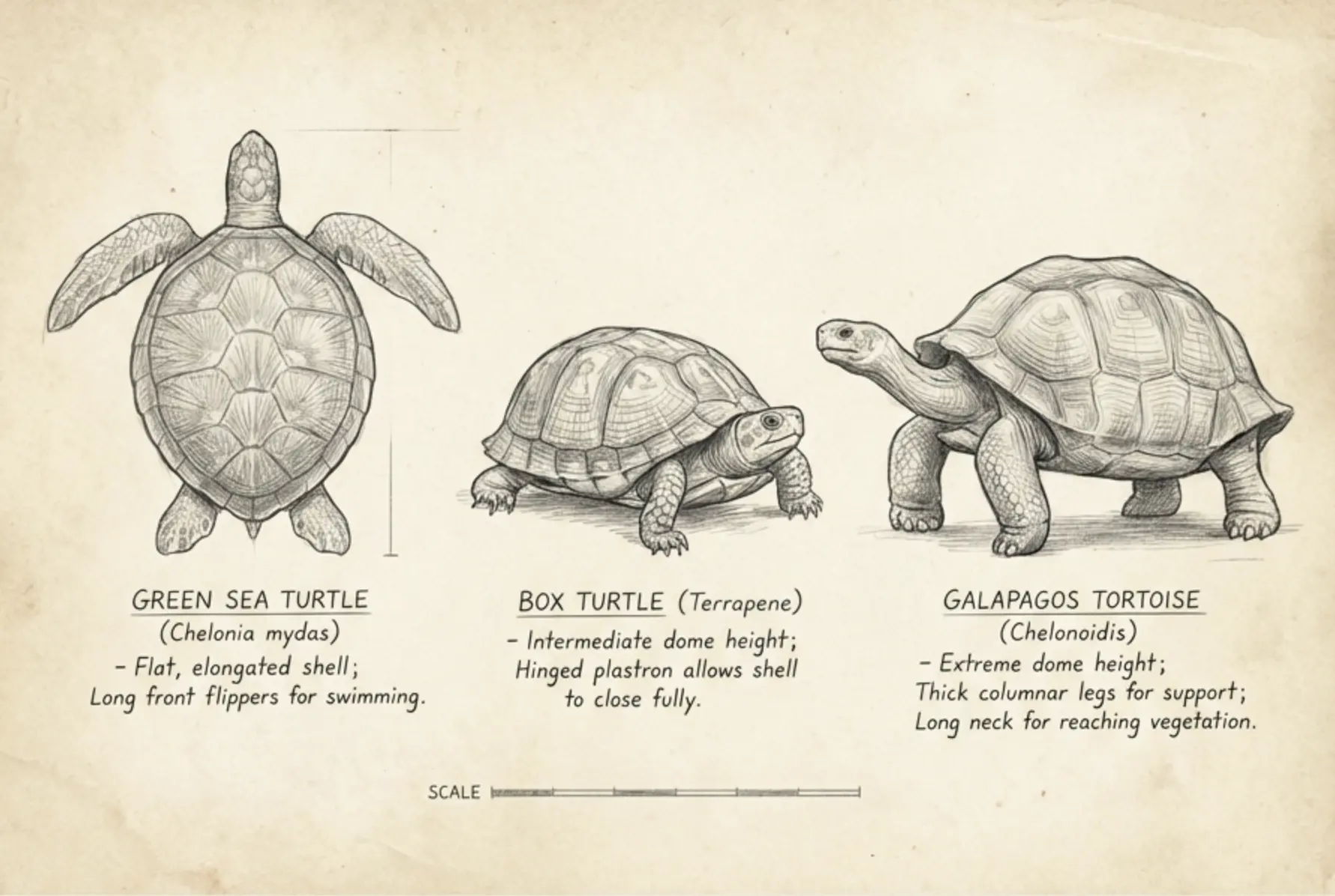 Vintage scientific illustration comparing green sea turtle, box turtle (Terrapene), and Galapagos tortoise.