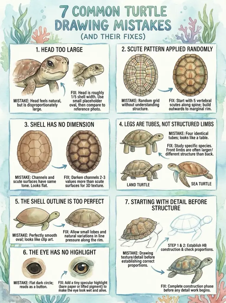 Infographic: 7 common turtle drawing mistakes and fixes, illustrated tips for head, shell, scutes, legs, eye and structure.