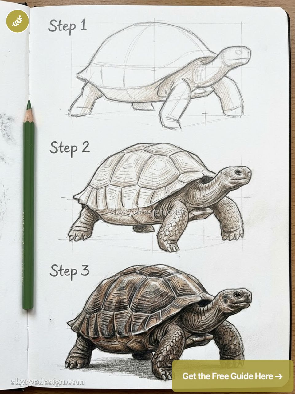 Step-by-step pencil drawing tutorial: how to draw a turtle in three stages, green pencil beside