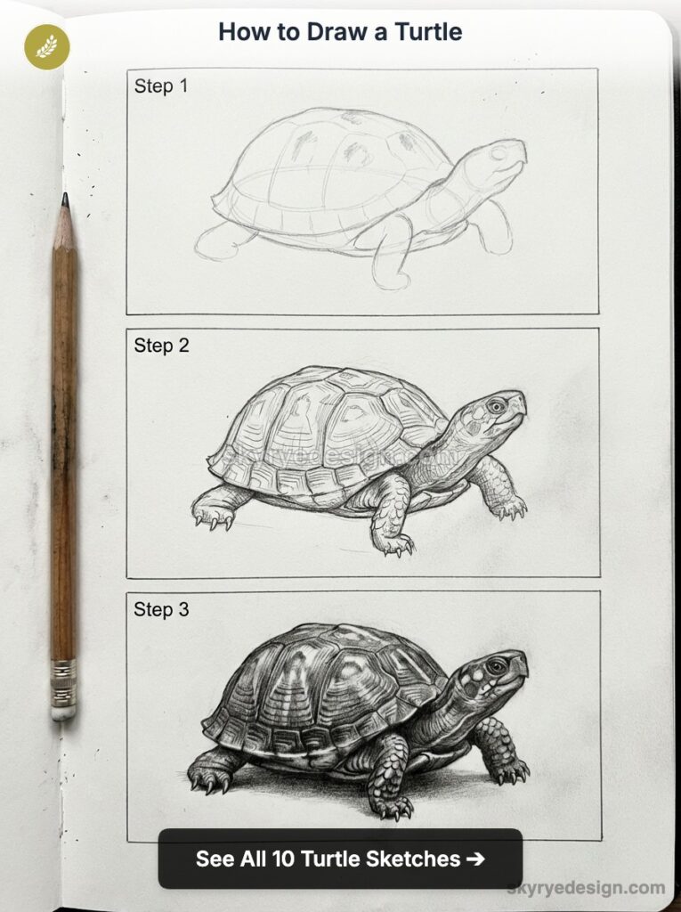 How to draw a turtle: step-by-step pencil sketches showing progress from rough outline to detailed shaded turtle.