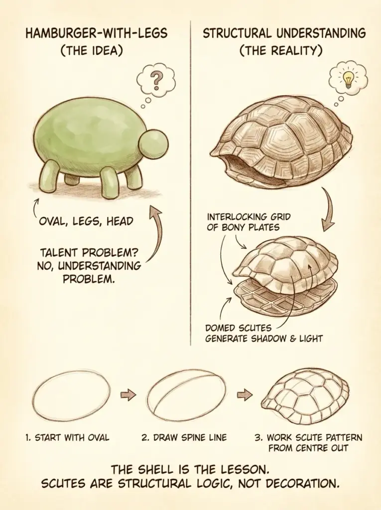Turtle shell drawing tutorial comparing simplistic hamburger-with-legs sketch to structural scutes, step-by-step guide