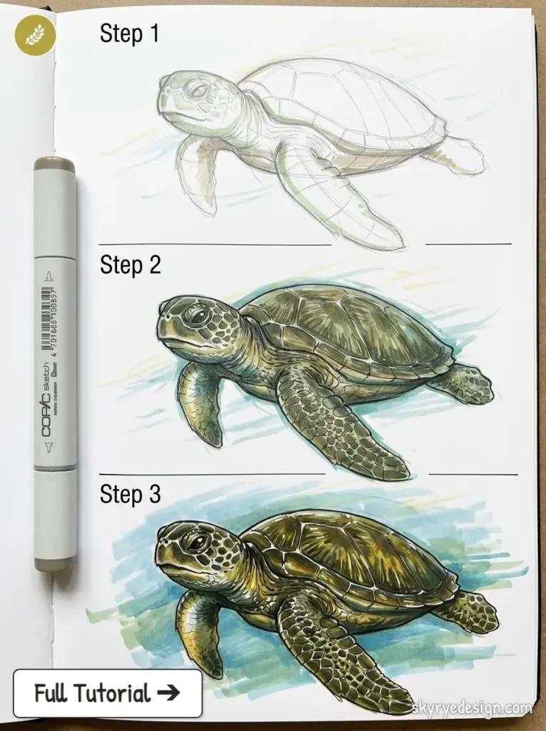 Three-step sea turtle drawing tutorial in sketchbook showing pencil sketch to colored marker rendering