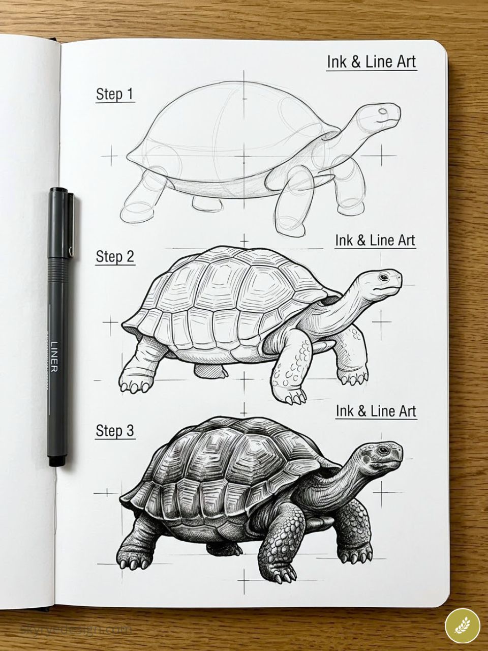 Step-by-step turtle drawing tutorial — ink & line art sketches in a sketchbook with black liner pen