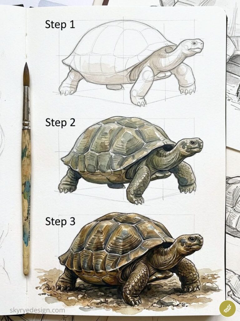 Step-by-step turtle drawing tutorial in sketchbook showing 3 stages from pencil construction to detailed watercolor tortoise