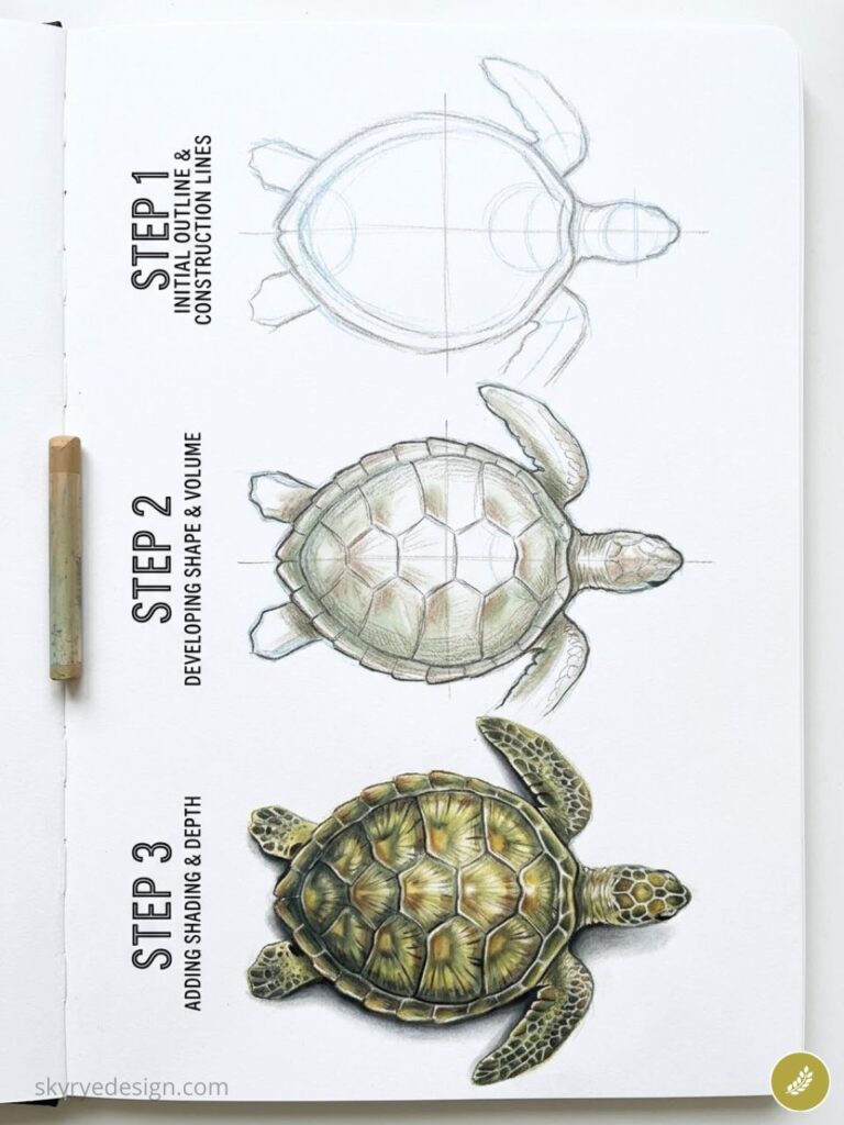 Sea turtle drawing tutorial: three steps showing initial outline, developed shape, and final shaded, colored rendering.