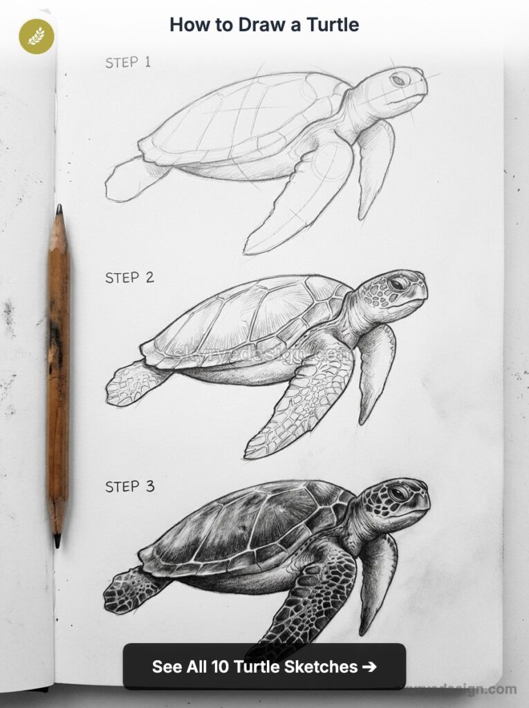 How to draw a turtle: three-step pencil tutorial showing progressive realistic sea turtle sketches in a sketchbook.