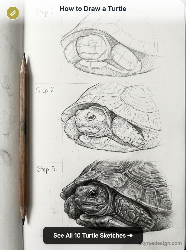 How to draw a turtle: step-by-step pencil sketch in sketchbook, three stages from basic shapes to realistic detail