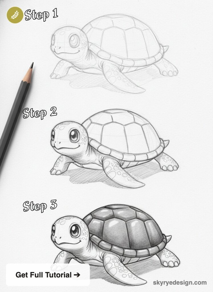 Cute turtle pencil drawing tutorial — 3 step-by-step stages from rough sketch to shaded finished illustration