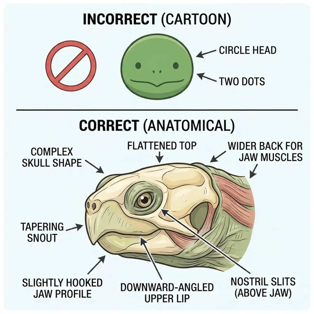 Turtle head anatomy infographic: cartoon vs anatomical with labeled skull, snout, jaw, nostrils