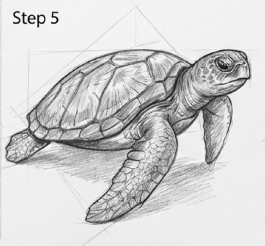 Realistic pencil sketch of a sea turtle, shaded drawing tutorial labeled Step 5
