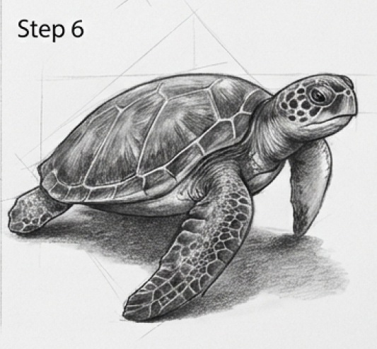 Sea turtle pencil drawing tutorial step 6 — realistic sketch with detailed shading and shell patterns