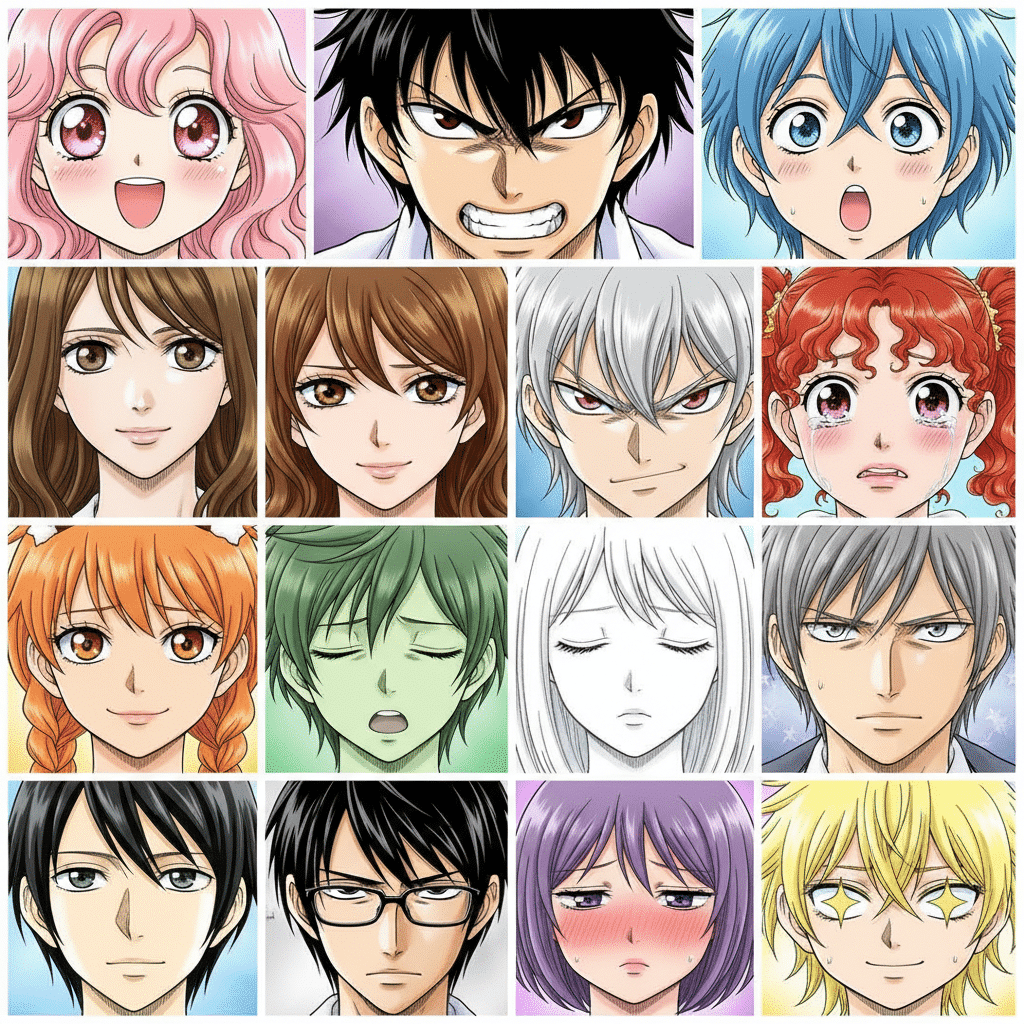 image Grid of diverse anime faces with various expressions, featuring colorful hair and unique emotions in a square layout. | Sky Rye Design Grid of diverse anime faces with various expressions, featuring colorful hair and unique emotions in a square layout.