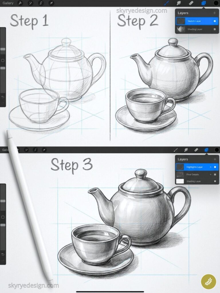 Step-by-step digital pencil sketch tutorial of teapot and teacup on tablet, showing drawing layers and stylus