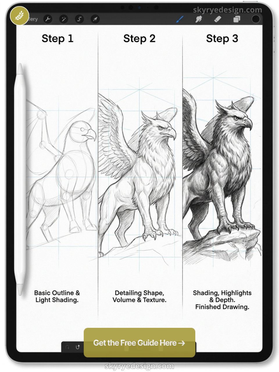 Griffin drawing tutorial on tablet: step 1 outline, step 2 detailing, step 3 shading — finished sketch.