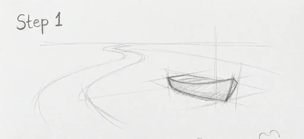 Pencil sketch Step 1: basic boat outline with perspective grid and curved shorelines, tutorial drawing composition guide.