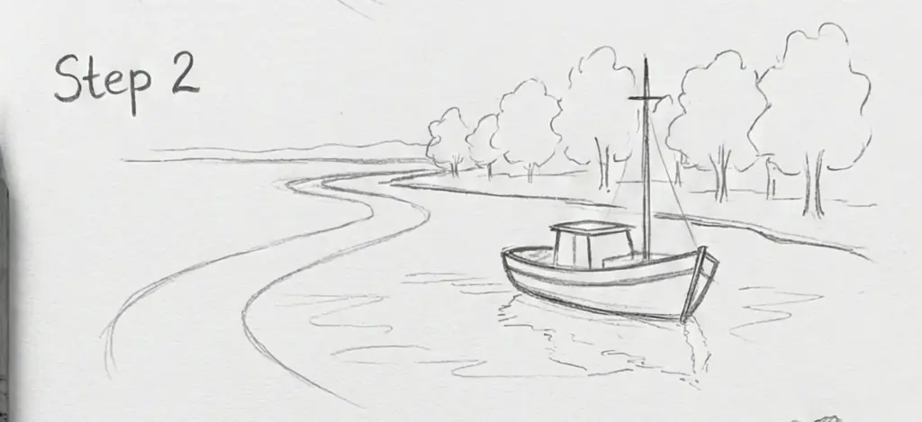Pencil sketch tutorial Step 2: small boat on a winding river with shoreline trees and reflections