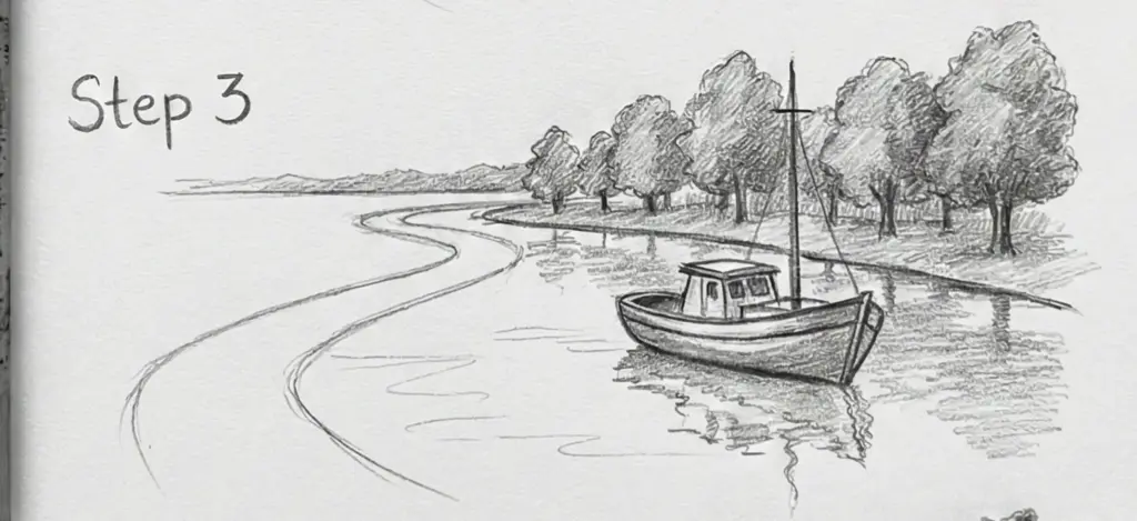 Step 3 pencil drawing tutorial: small boat on a curved riverbank with tree-lined shore, reflections and winding waterway.