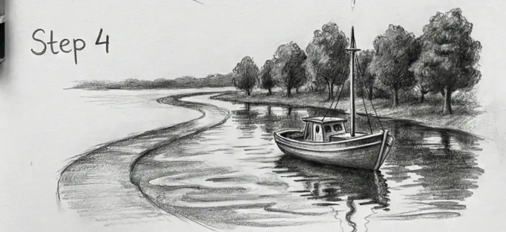 Pencil sketch tutorial Step 4: small boat moored on a winding river, reflective water, curving shoreline and tree-lined bank.
