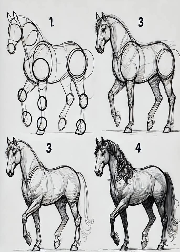 how to sketch realistic animals 4 Step-by-step guide to drawing a horse, illustrating progression from basic shapes to detailed sketch. Art tutorial for beginners. | Sky Rye Design Step-by-step guide to drawing a horse, illustrating progression from basic shapes to detailed sketch. Art tutorial for beginners.
