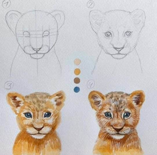 Step-by-step guide to drawing and painting a lion cub, showing sketching techniques and color choices for realistic detail.