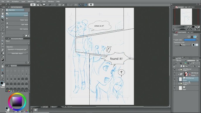 Comic page in digital art software showing sketched characters and speech bubbles with text where is it? and found it!.