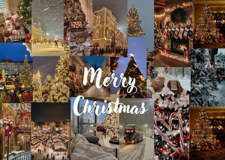 Festive Christmas collage featuring decorated trees, snowy scenes, cozy fireplaces, and Merry Christmas text in elegant lettering.