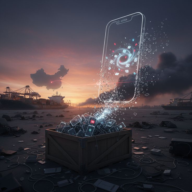 iPhone Tracker Exposes Global Phone Heist_ 40000 Stolen Devices Shipped to China Futuristic scene of digital icons emerging from a crate, forming a smartphone outline against an industrial coastal sunset. | Sky Rye Design Futuristic scene of digital icons emerging from a crate, forming a smartphone outline against an industrial coastal sunset.
