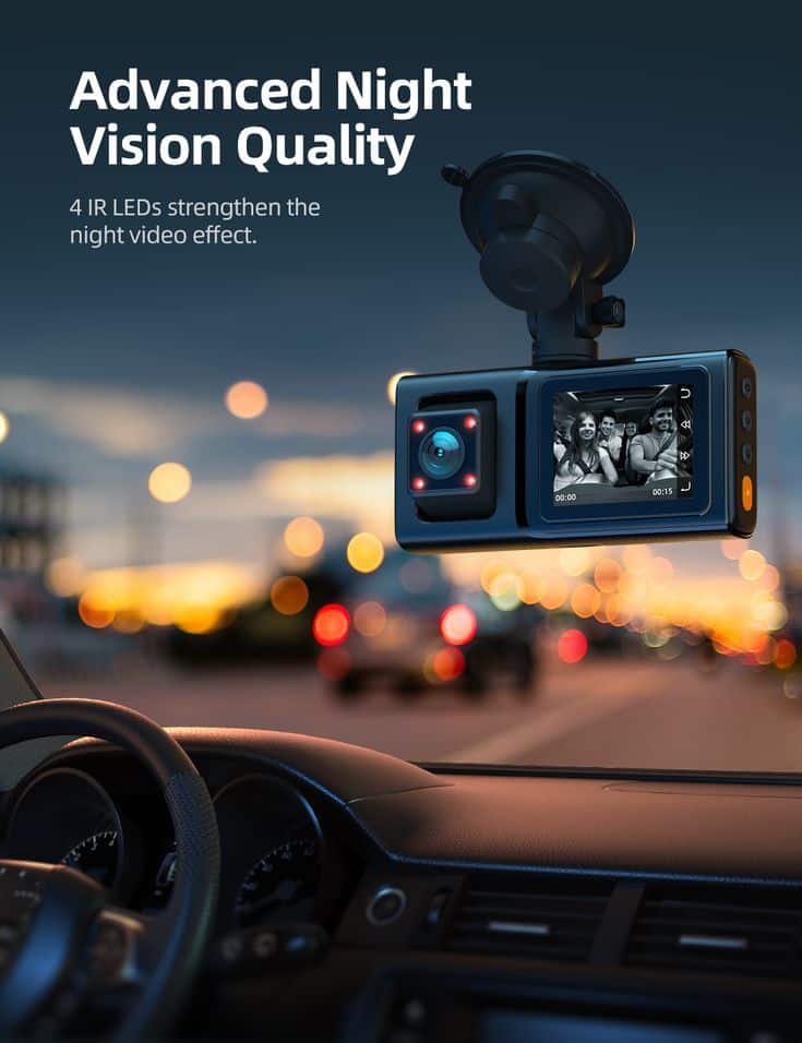 Car dashboard camera with advanced night vision, featuring 4 IR LEDs for enhanced night video quality.