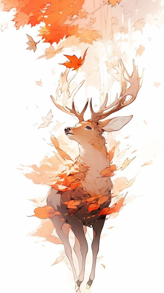Illustration of a majestic deer surrounded by swirling autumn leaves, evoking a magical forest ambiance.