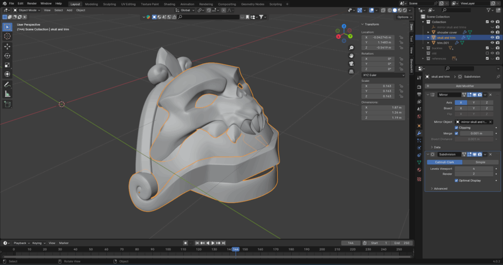 im-3d-modeling-for-a-cosplay-props-what-should-i-keep-in-v0-01a6c9r5kjjc1 3D skull model in Blender software interface, showcasing design details and modifiers. | Sky Rye Design 3D skull model in Blender software interface, showcasing design details and modifiers.