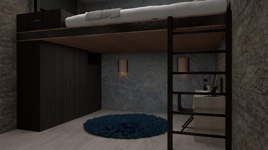 image Modern loft bedroom with wooden bunk bed, work desk, blue rug, and stone walls, creating a cozy and efficient home office space. | Sky Rye Design Modern loft bedroom with wooden bunk bed, work desk, blue rug, and stone walls, creating a cozy and efficient home office space.
