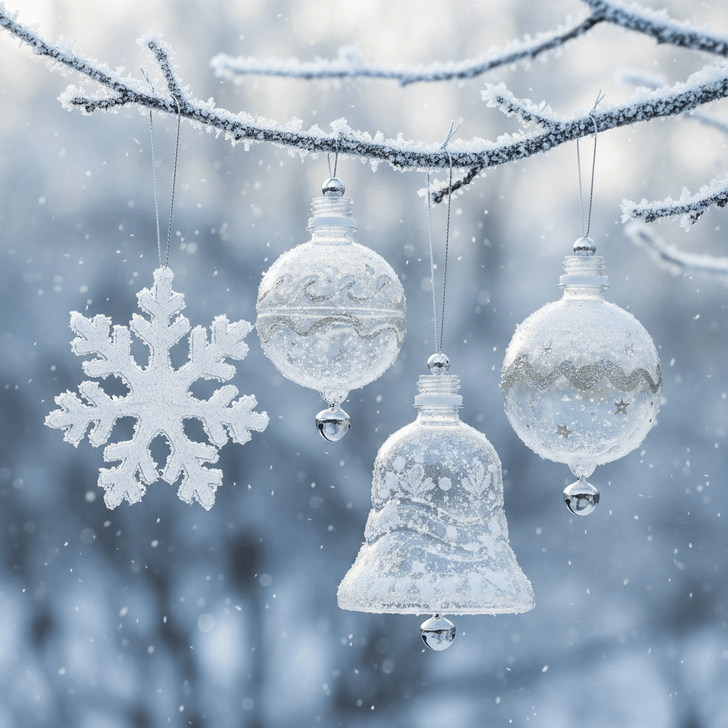 image Frosty Christmas ornaments hang on a snowy branch, featuring a snowflake, bell, and baubles in a winter wonderland. | Sky Rye Design Frosty Christmas ornaments hang on a snowy branch, featuring a snowflake, bell, and baubles in a winter wonderland.