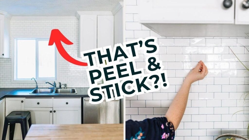 image Peel and stick backsplash tiles in a kitchen, showcasing easy installation and a stylish look, with text: That's Peel & Stick?! | Sky Rye Design Peel and stick backsplash tiles in a kitchen, showcasing easy installation and a stylish look, with text: That's Peel & Stick?!