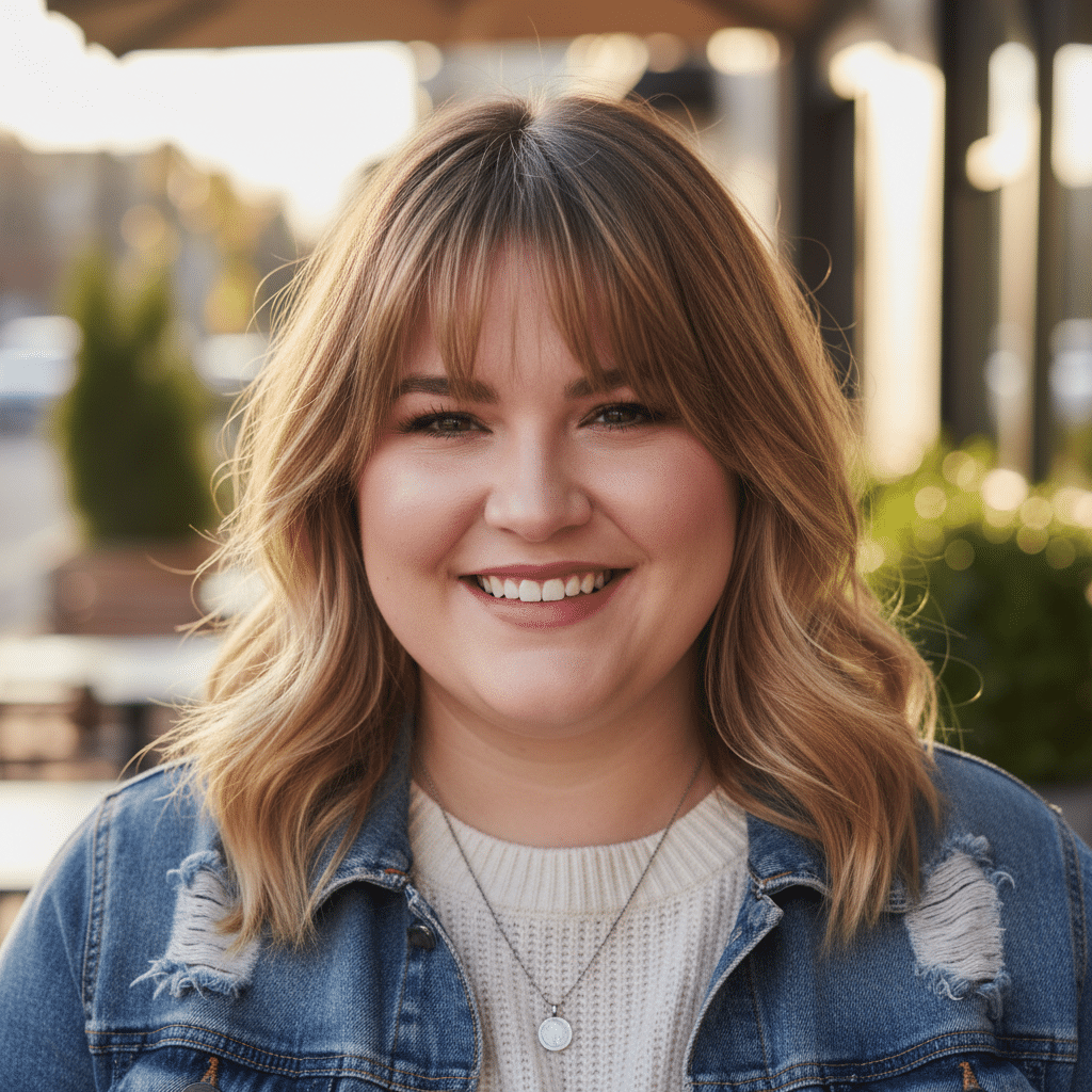 Smiling woman in a denim jacket with wavy blonde hair, outdoors with blurred background.