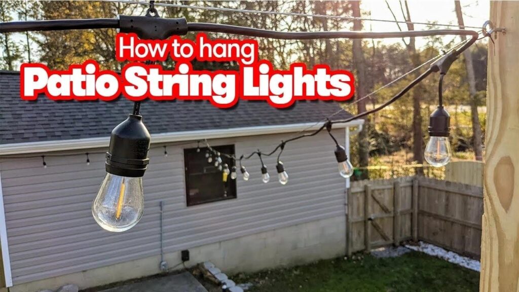 image Guide on hanging patio string lights over a backyard, showing step-by-step setup for enhancing outdoor ambiance. | Sky Rye Design Guide on hanging patio string lights over a backyard, showing step-by-step setup for enhancing outdoor ambiance.